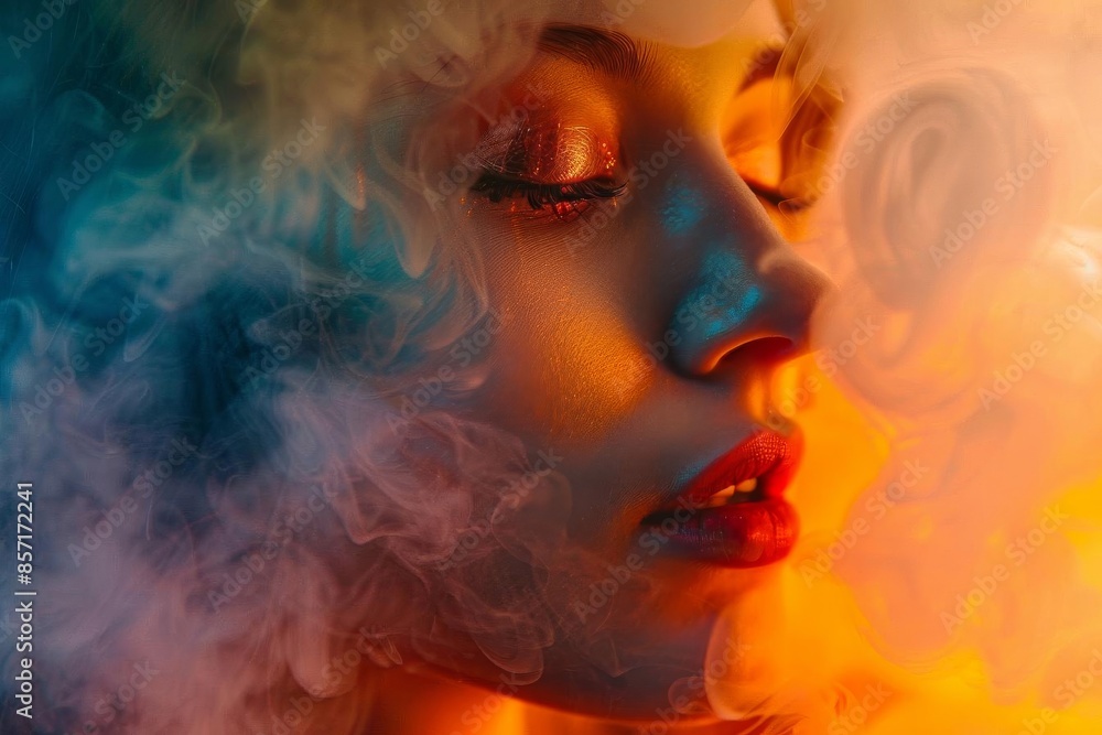 A detailed view of a womans face with dramatic colored smoke A detailed view of a womans face with dramatic colored smoke