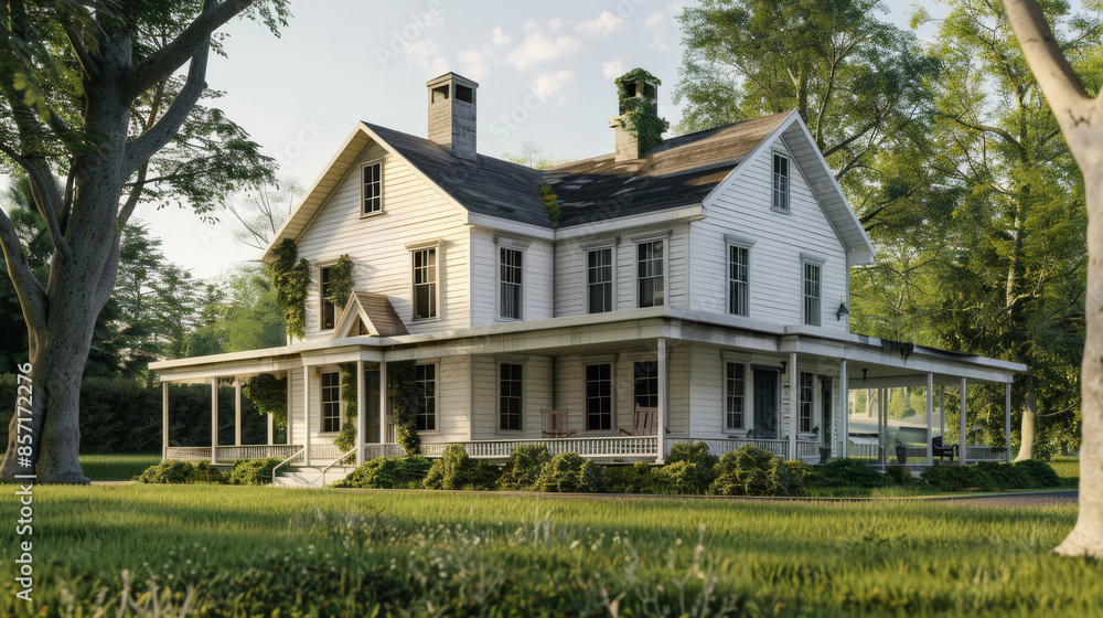 A charming white-painted wooden house with a wraparound porch, set in a lush green landscape under a clear sky with nostalgic vibes of countryside living. A charming white-painted wooden house with a wraparound porch, set in a lush green landscape under a clear sky with nostalgic vibes of countryside living.