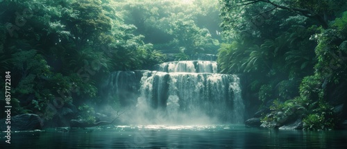 8K UHD background of a serene waterfall in a dense forest, capturing the beauty of nature, ideal for relaxation themes