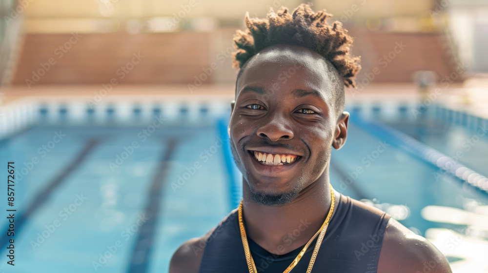 A cheerful man poses by an indoor pool, his smile beaming with pride and excitement, ready for a swim. A cheerful man poses by an indoor pool, his smile beaming with pride and excitement, ready for a swim.