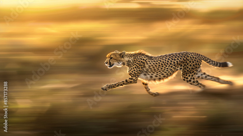 A cheetah sprints through a golden savannah at sunset, capturing the essence of speed and grace in the African wilderness.