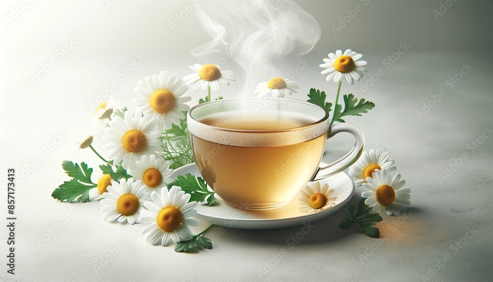 cup of chamomile tea with steam rising, surrounded by blooming chamomile flowers and green leaves. The soft lighting enhances the fresh and natural feel of the scene cup of chamomile tea with steam rising, surrounded by blooming chamomile flowers and green leaves. The soft lighting enhances the fresh and natural feel of the scene
