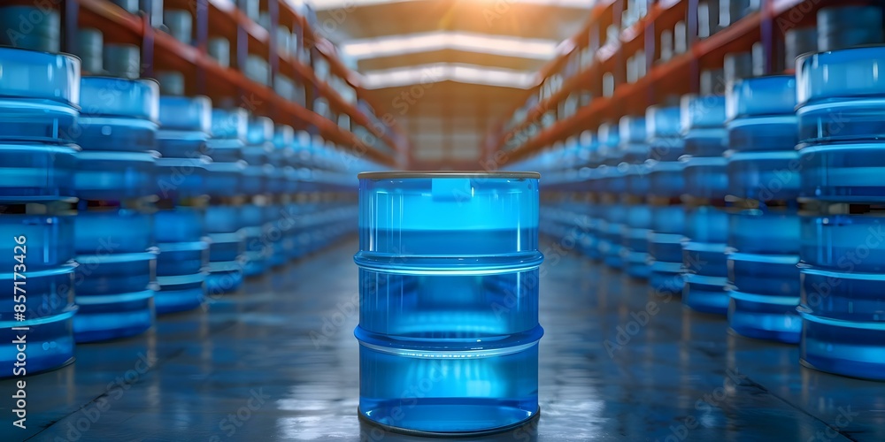 Hazardous chemicals stored in industrial barrels in a warehouse setting