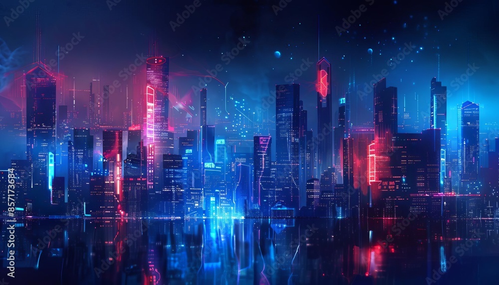 A digital cityscape with blue and red lights on a dark background A digital cityscape with blue and red lights on a dark background