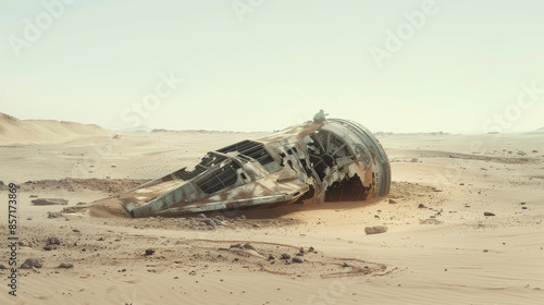 A weathered spaceship wreck lies half-buried in the desolate desert sands, whispering tales of interstellar journeys gone awry.