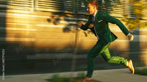 A man in a green suit runs determinedly down a sunlit street, exuding urgency and purpose amid an urban setting. © VK Studio