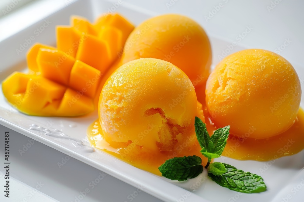 Refreshing Mango and Mint Sorbet - Perfect Summer Dessert for Posters or Recipe Cards Refreshing Mango and Mint Sorbet - Perfect Summer Dessert for Posters or Recipe Cards