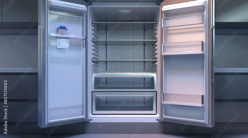 An empty, modern refrigerator with doors wide open, displaying its spacious metallic interior in a stylish kitchen. An empty, modern refrigerator with doors wide open, displaying its spacious metallic interior in a stylish kitchen.