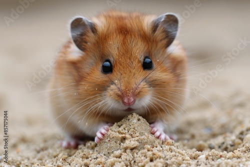 A small hamster, with fluffy brown fur and a pink nose, sits on a sandy beach and carefully builds a miniature sandcastle