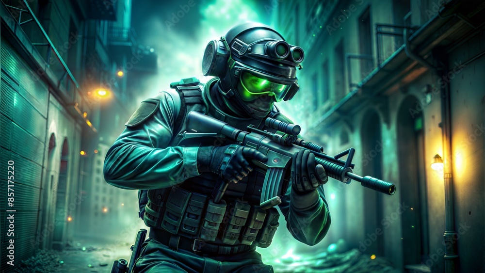 Special forces operative clad in tactical gear, face obscured by a night vision goggles, creeping through a dimly lit urban landscape, scattered debris casting long shadows, night vision goggles Special forces operative clad in tactical gear, face obscured by a night vision goggles, creeping through a dimly lit urban landscape, scattered debris casting long shadows, night vision goggles