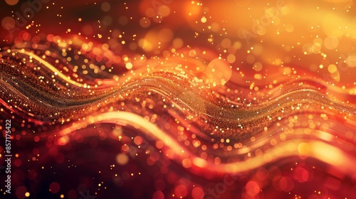 Chaotic zigzag lines in red and gold with glittering particles. background © javier