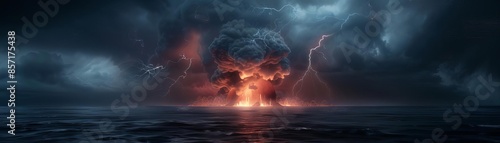 Volcanic eruption with lightning strikes over a dark ocean. photo