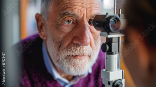 Senior man undergoing eye exam with optometrist using slit lamp photo