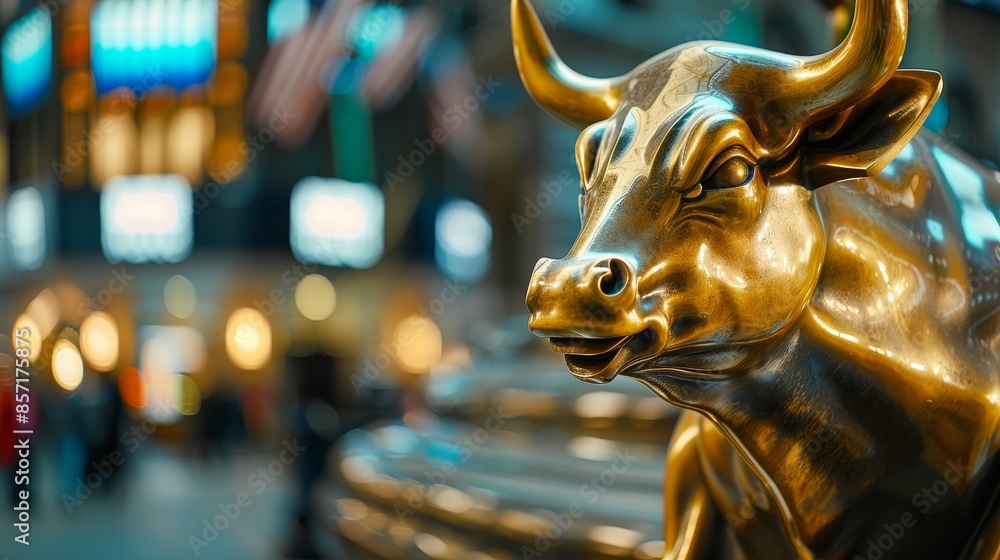Glowing Golden Bull Sculpture Signifying Bullish Sentiment in Gold Market with Blurred Stock Exchange Trading Floor Background Glowing Golden Bull Sculpture Signifying Bullish Sentiment in Gold Market with Blurred Stock Exchange Trading Floor Background