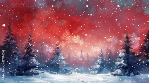festive red christmas background with snowy winter forest holiday digital painting © Jelena