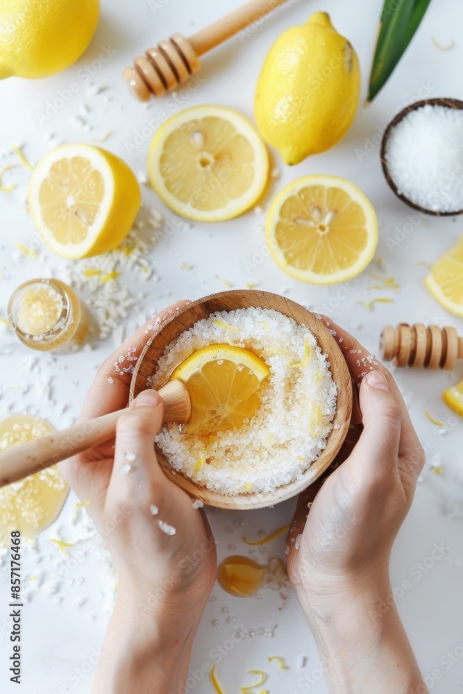 Homemade Lemon Sugar Scrub in a Spa Setting with Coconut Oil and Fresh Ingredients - Perfect for Skincare Homemade Lemon Sugar Scrub in a Spa Setting with Coconut Oil and Fresh Ingredients - Perfect for Skincare