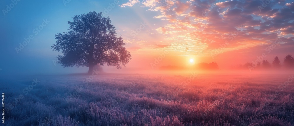 Obraz premium A beautiful sunrise over a misty field, capturing serenity and nature