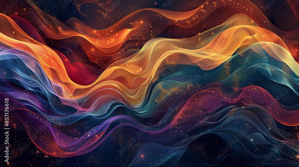 Bold wave patterns in deep colors with star-like dots and shimmering highlights background Bold wave patterns in deep colors with star-like dots and shimmering highlights background