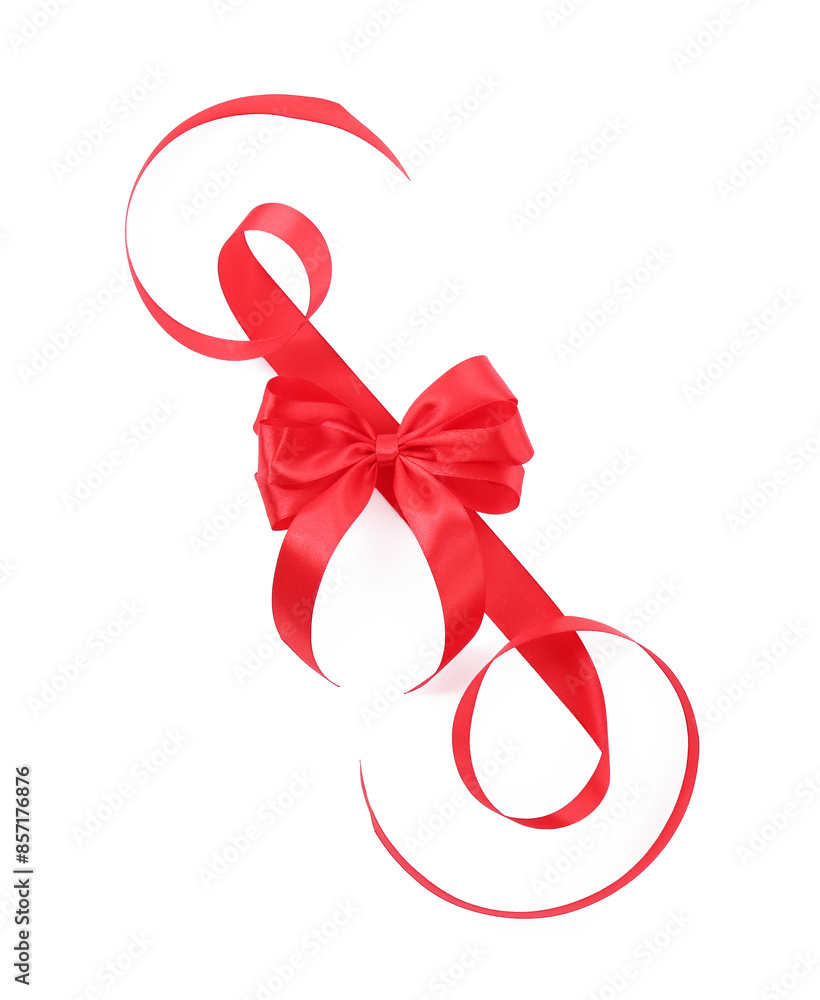 Red satin ribbon with bow isolated on white, top view Red satin ribbon with bow isolated on white, top view