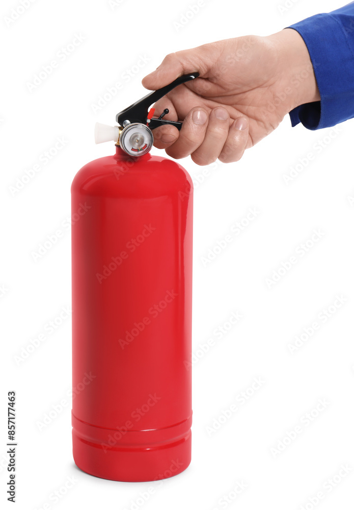 Man with fire extinguisher on white background, closeup Man with fire extinguisher on white background, closeup