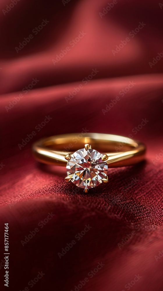 Golden engagement ring with a diamond on a deep red background luxurious and romantic ample copy space surrounding the ring Golden engagement ring with a diamond on a deep red background luxurious and romantic ample copy space surrounding the ring