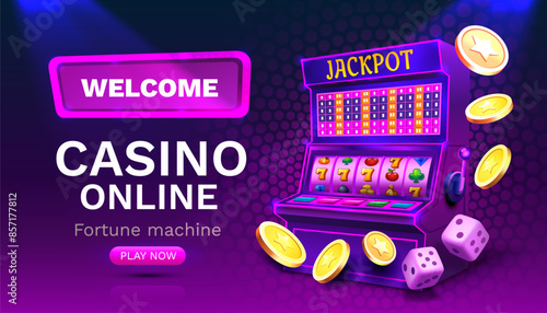 Casino 777 banner slots machine winner, jackpot fortune of luck. Vector illustration