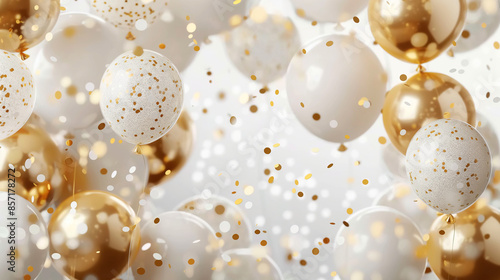 Luxurious 3D White and Gold Balloons with Confetti Frame on Light Background for Celebrations and Events