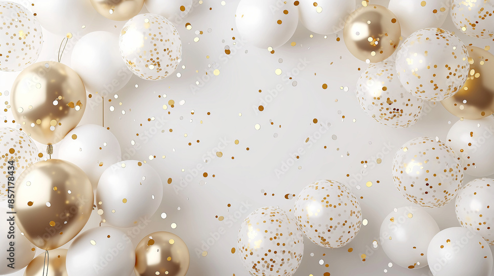 Luxurious 3D White and Gold Balloons with Confetti Frame on Light Background for Celebrations and Events Luxurious 3D White and Gold Balloons with Confetti Frame on Light Background for Celebrations and Events