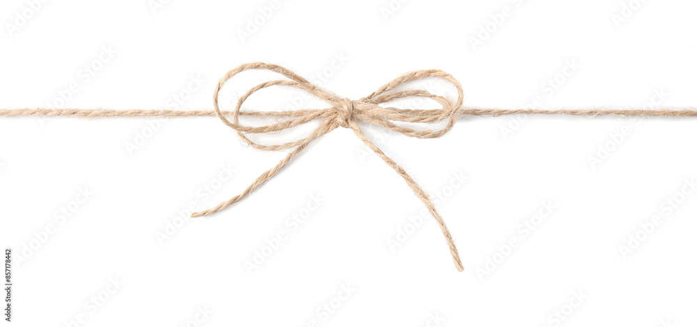 Linen rope string with bow isolated on white, top view Linen rope string with bow isolated on white, top view