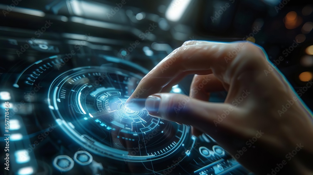 A finger tapping a floating holographic button, activating a sophisticated user interface for controlling advanced machinery. A finger tapping a floating holographic button, activating a sophisticated user interface for controlling advanced machinery.