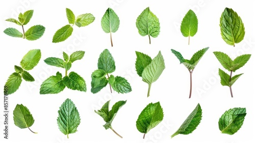 fresh mint leaves collection isolated on white background food photography