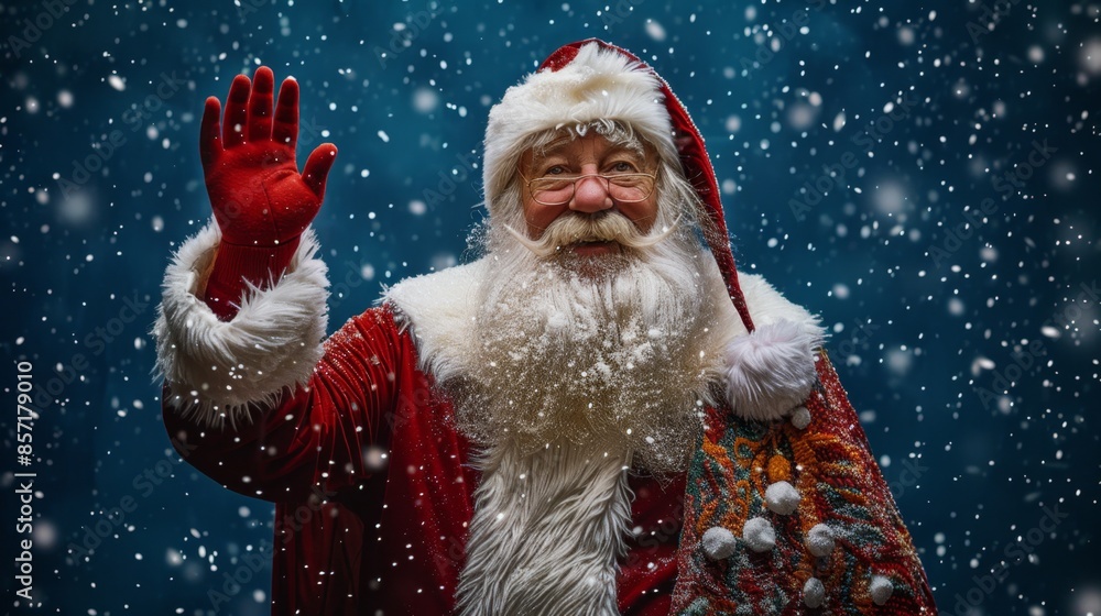 Santa Claus Waving Hand in Snowfall Generative AI Santa Claus Waving Hand in Snowfall Generative AI