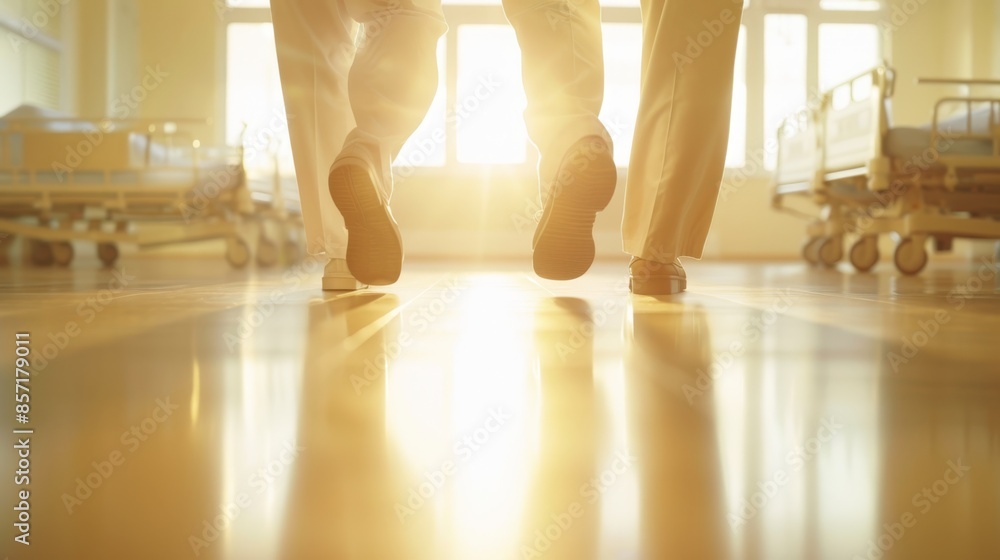 Fototapeta premium Compassionate Nurse Assisting Elderly Man in Rehabilitation Setting with Warm Encouragement from Low Angle View