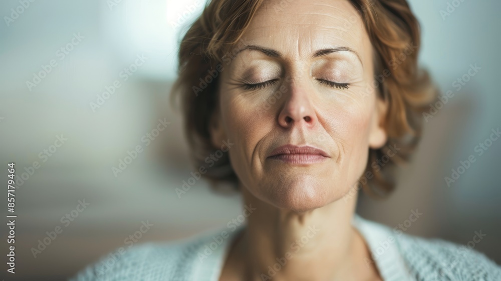 Serene Middle-Aged Woman Practicing Breathing Yoga at Home with Focus and Grace under Soft Natural Light, Cozy Home Decor Background Serene Middle-Aged Woman Practicing Breathing Yoga at Home with Focus and Grace under Soft Natural Light, Cozy Home Decor Background