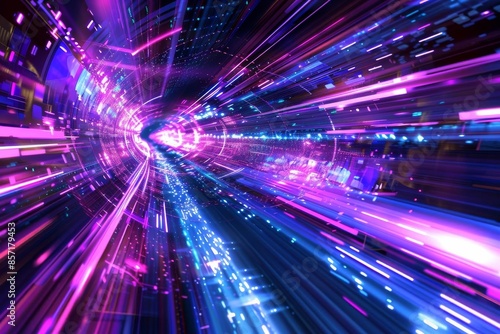 A futuristic digital background with purple and blue light streaks
