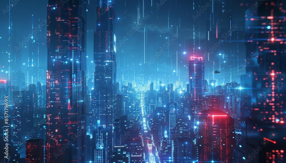 Obraz premium A futuristic digital cityscape with blue and red lights