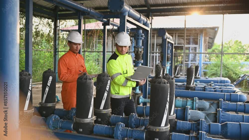 Engineer and technician maintenance checking technical data of system equipment Condenser Water pump and pressure gauge,environmentalist working at water supply Engineer and technician maintenance checking technical data of system equipment Condenser Water pump and pressure gauge,environmentalist working at water supply