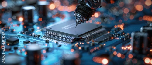 A close-up of a microchip being inspected by a robotic arm