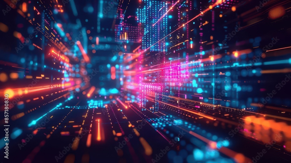 futuristic abstract technology background with flowing data and neon blocks futuristic abstract technology background with flowing data and neon blocks