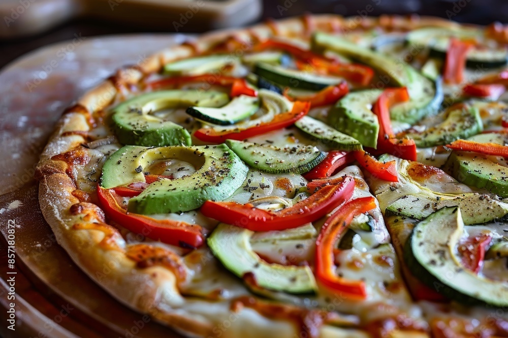Delicious Avocado and Roasted Vegetable Pizza with Fresh Mozzarella and Crispy Crust Delicious Avocado and Roasted Vegetable Pizza with Fresh Mozzarella and Crispy Crust