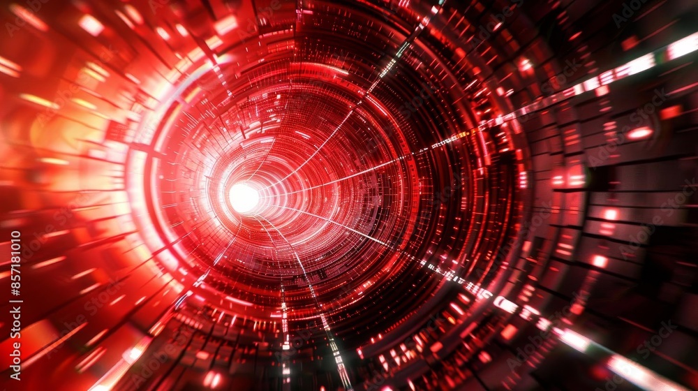 A futuristic digital tunnel with red and black colors