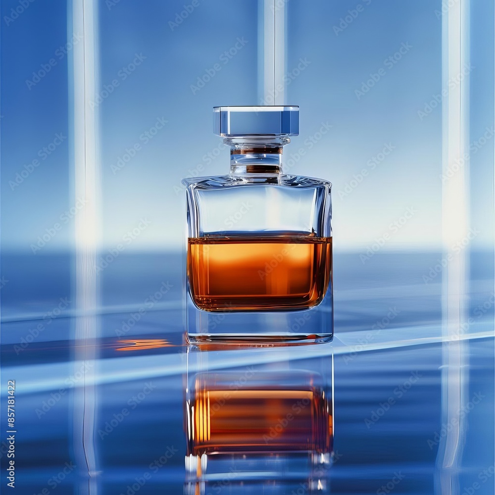 Glass bottle of perfume on blue background Glass bottle of perfume on blue background