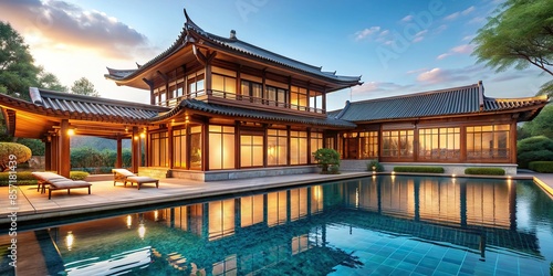 Elegant Chinese-inspired wooden house with a pristine pool , luxury, traditional, architecture, Asia, design, elegant photo