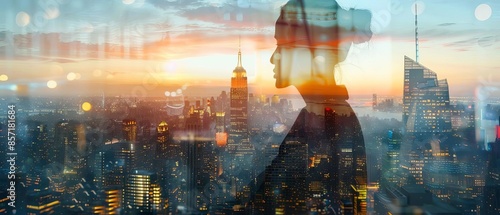 A girl conducting a virtual meeting with international clients, double exposure with new York city in morning,