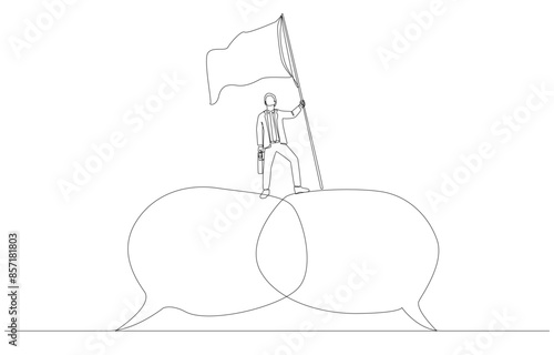 Continuous one line drawing of businessman raising flag standing on connected speech bubbles, successful mediator in business negotiation, skill to compromise concept, single line art.
