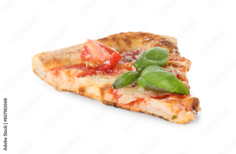 Piece of delicious Margherita pizza isolated on white Piece of delicious Margherita pizza isolated on white
