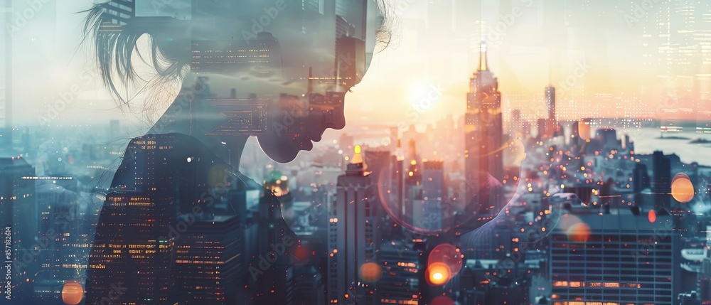 A girl working on a financial report using advanced software, double exposure with new York city in morning, A girl working on a financial report using advanced software, double exposure with new York city in morning,
