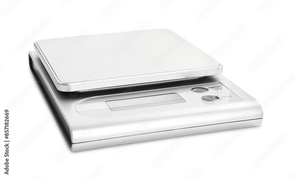 One metal kitchen scale isolated on white One metal kitchen scale isolated on white