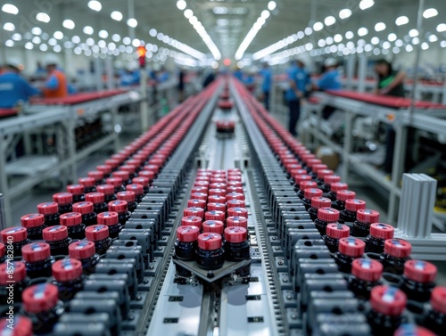 Rows of bottles on a conveyor belt in a busy factory
