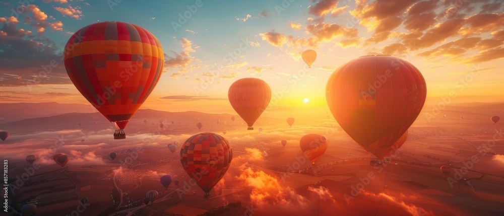 Obraz premium A colorful hot air balloon festival at sunrise, photographed in
